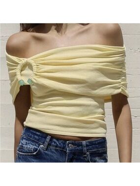 Zara Pale Yellow Off-Shoulder Ruched Crop Top